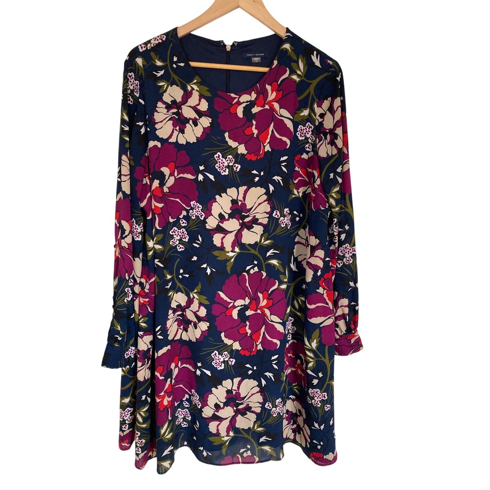 Tommy Hilfiger Navy Blue Floral Long Sleeve Shift Dress Size 18 Plum Cream Red